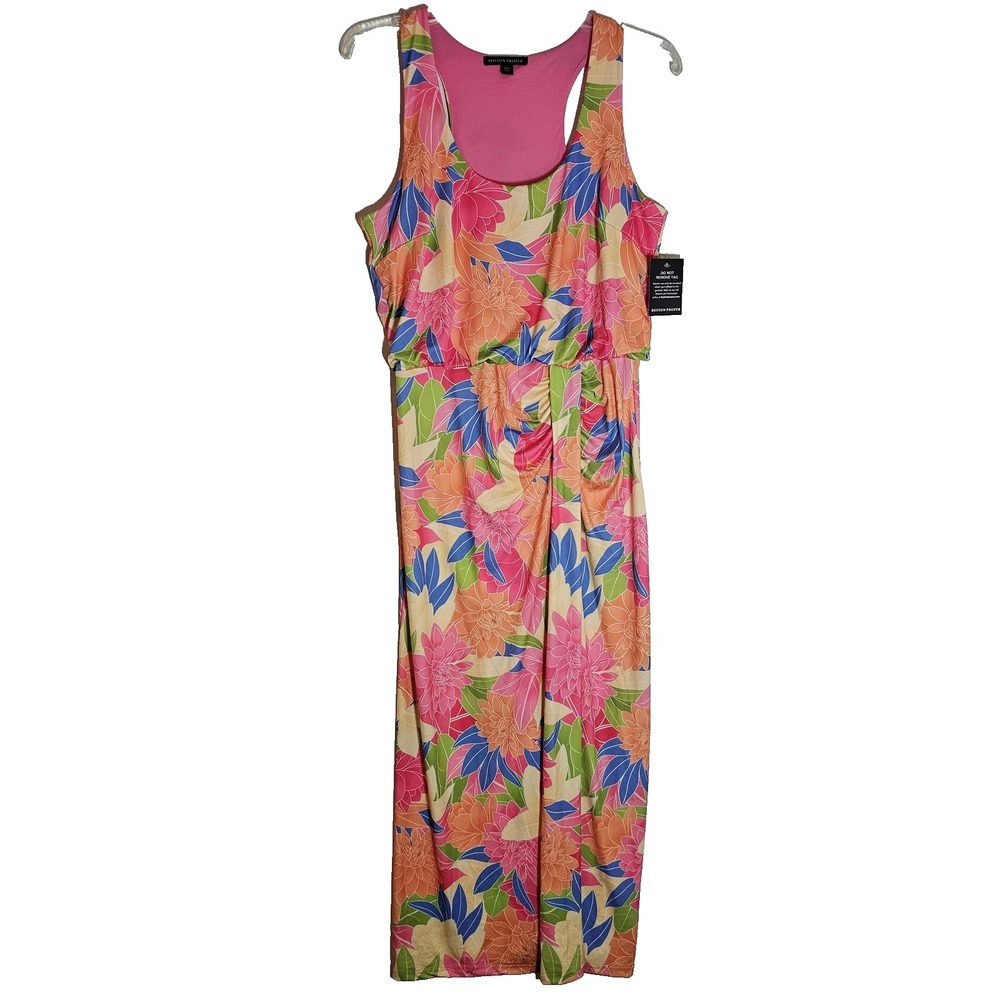 Boston Proper Dress Womens Large Floral Bright Fun Sleeveless Belted Resort Wear